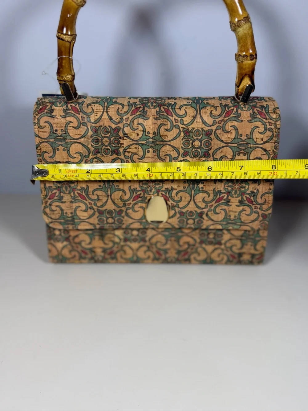 Unk Beige Patterned Bamboo-Handle Crossbody Bag with Gold Chain